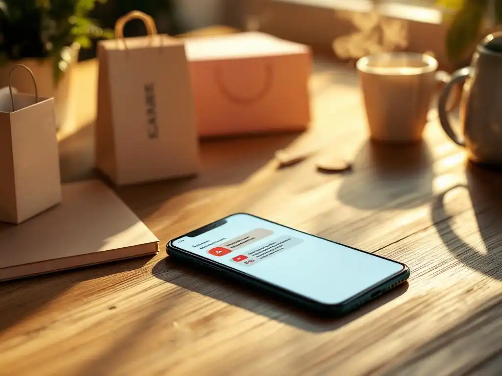 Smartphone displaying colorful email inbox on wooden desk with shopping bags and coffee cup in warm natural lighting.