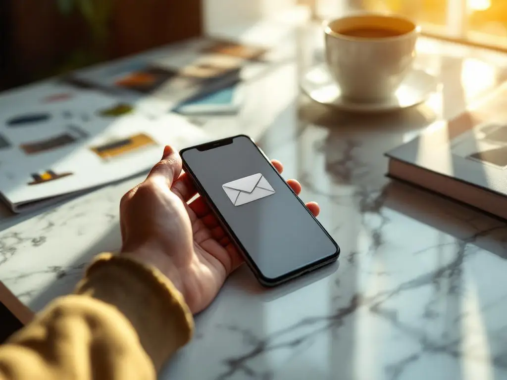 Smartphone displaying email interface on marble desk with product catalogs, coffee cup, and hand reaching toward device