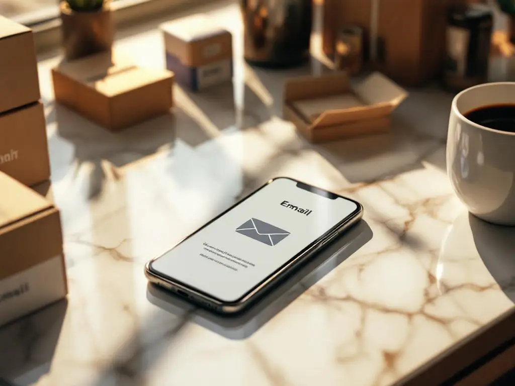 Smartphone displaying email interface on marble desk with shipping boxes and coffee cup in warm natural lighting
