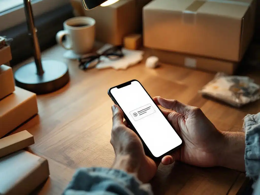 Smartphone with email notification on wooden desk surrounded by shipping boxes, bubble wrap, coffee cup and glasses in business workspace