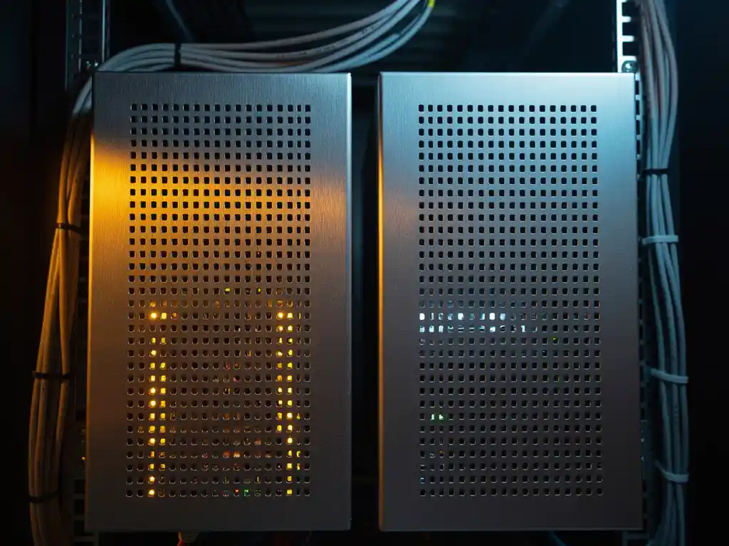 Two data center servers side by side, one glowing amber with active indicators, the other dark and dormant on a rack.
