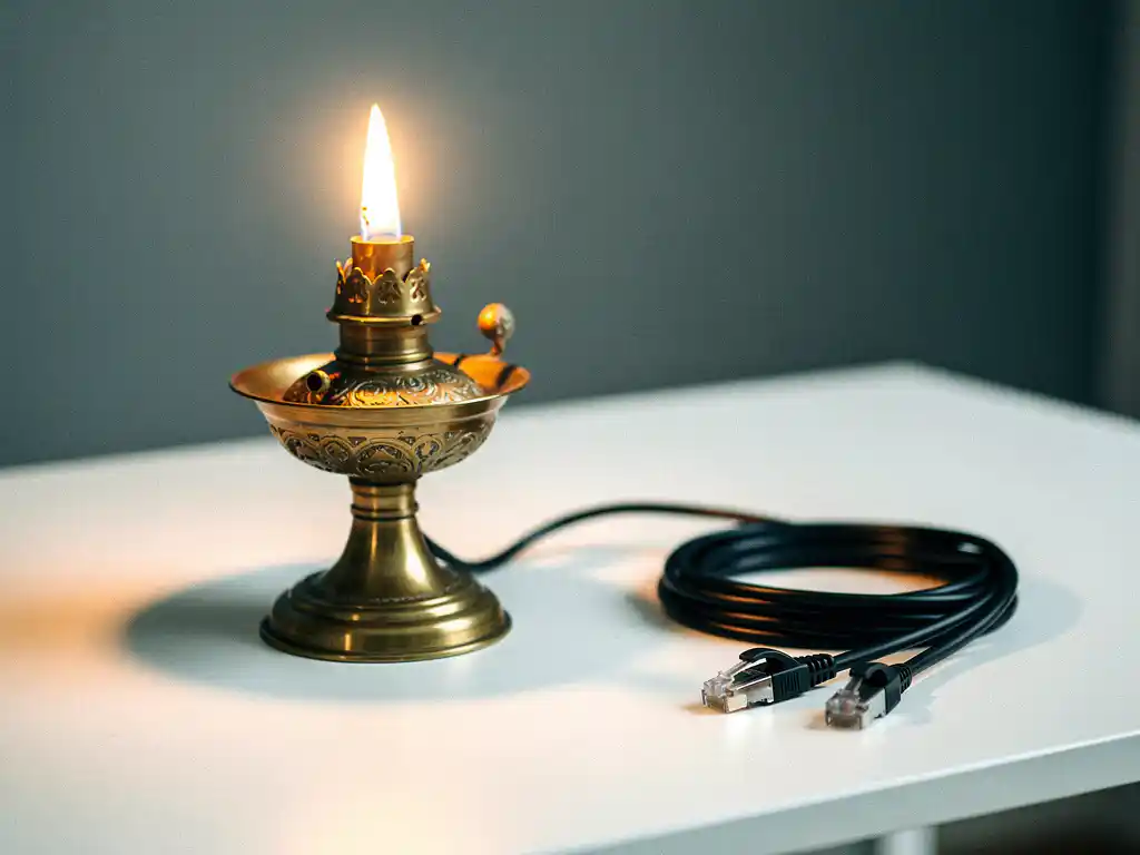 Antique oil lamp with glowing amber flame on a white desk beside a coiled ethernet cable, warm golden light against slate-grey background.