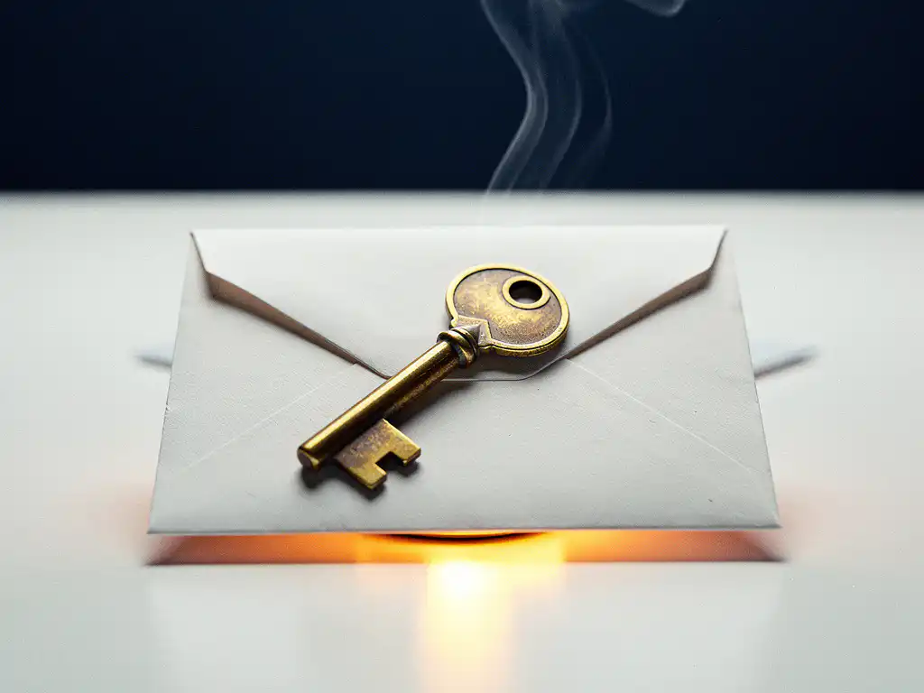 Glowing brass key inside a sealed envelope on a white desk, with amber heat-wave distortion rising beneath it in navy and warm tones.