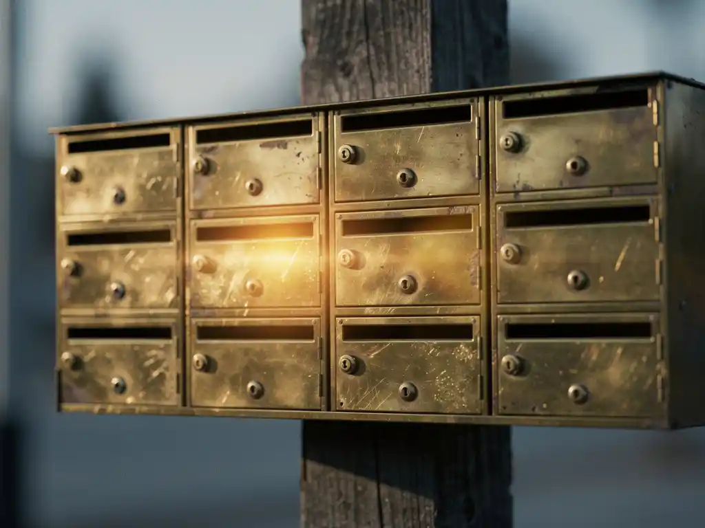 Cluster of brass mailboxes on a weathered post, one glowing warm amber among muted steel-blue tones, symbolizing a standout shared address.