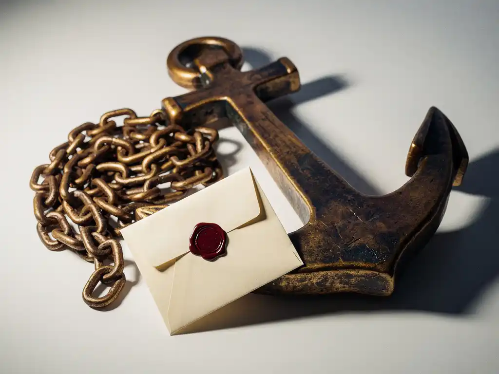 Weathered bronze ship anchor with coiled chain resting on white surface, partially covering a wax-sealed envelope in warm amber light.