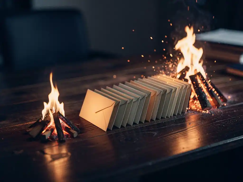 Campfire growing into a bonfire on a wooden desk surrounded by envelopes stacked in rising bar chart formation, lit by warm amber firelight.