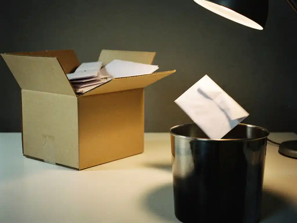 Envelopes spilling from an open cardboard box into a dark metal trash bin on a white desk, lit by warm amber lamplight.
