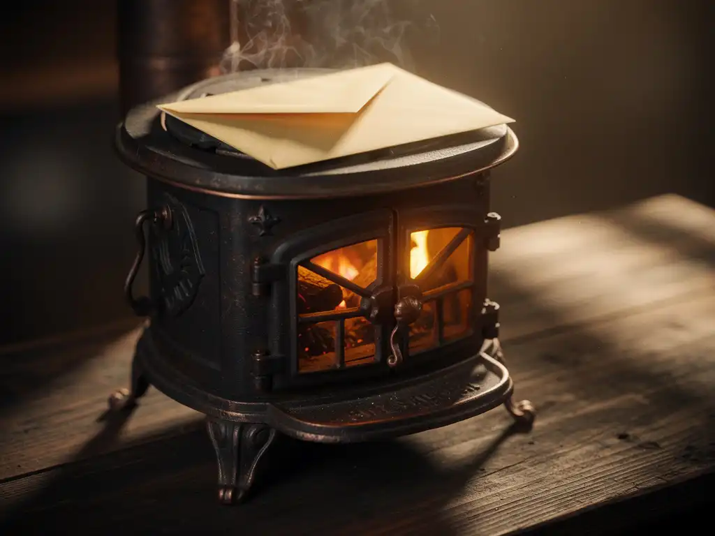 Sealed envelope resting on a glowing cast-iron furnace, amber embers casting warm golden light across dark oak, wisps of heat rising.