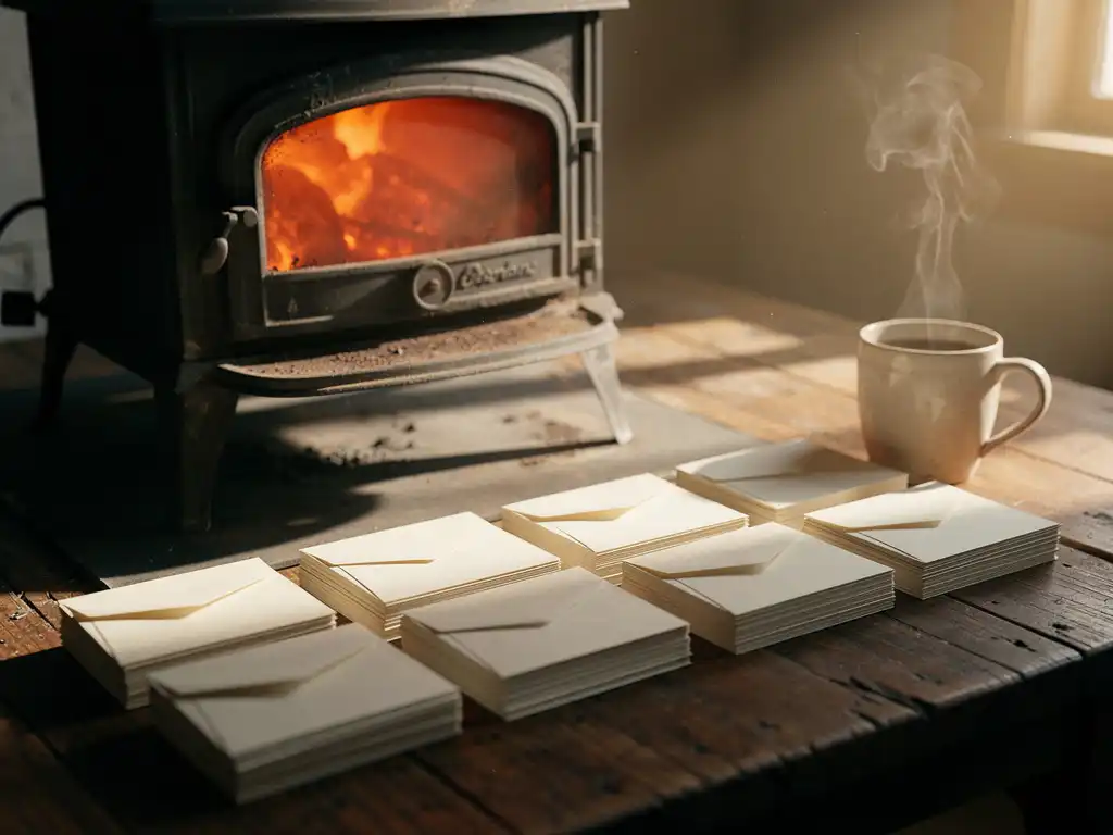 Cast-iron stove glowing orange-red at the firebox, surrounded by stacked envelopes on worn wood, steam rising from a ceramic mug nearby.