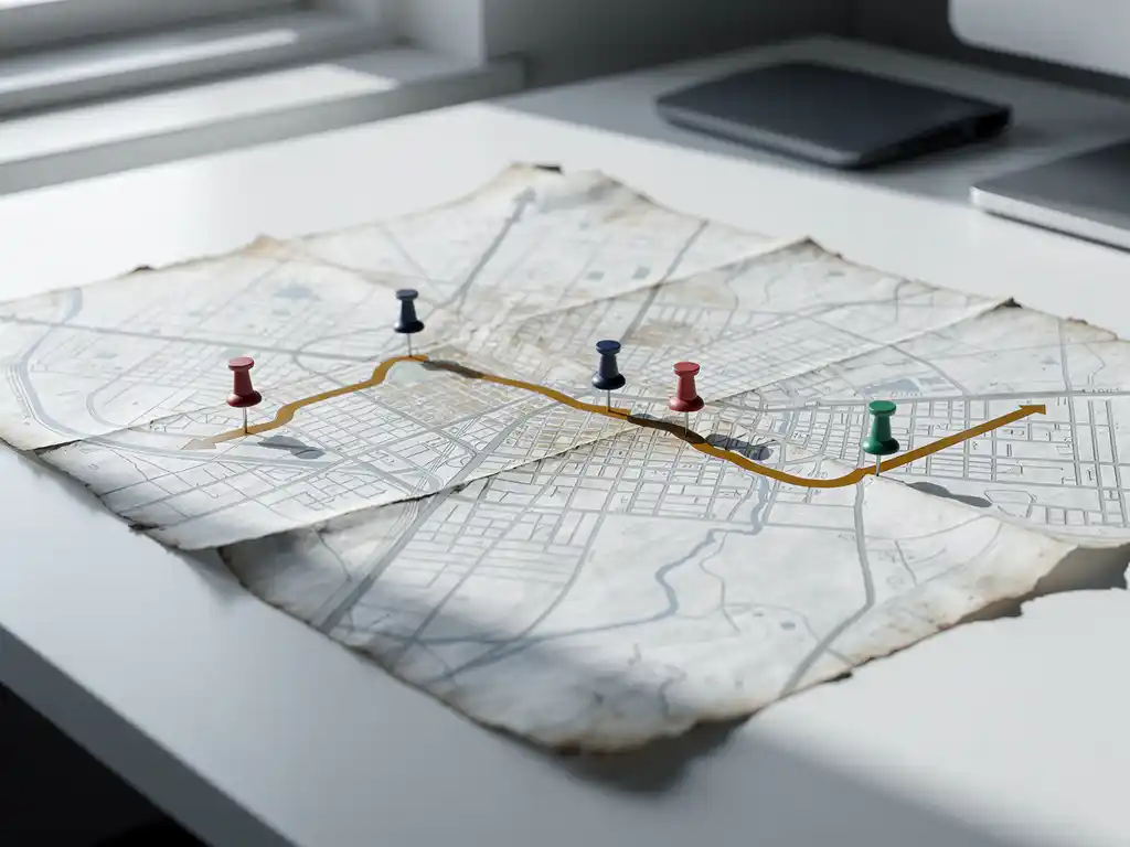 Weathered city map on a white desk with an amber-highlighted migration route and colored pins marking checkpoints.