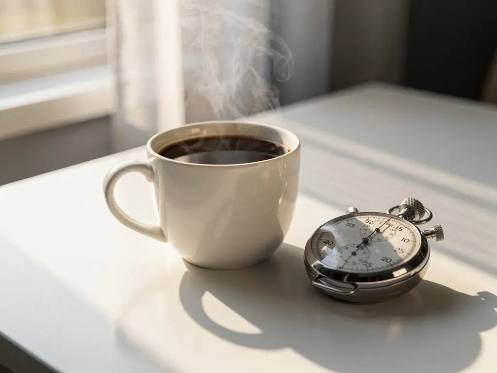 Steaming coffee cup beside a paused stopwatch on a white desk, soft morning light casting warm amber shadows through sheer curtains.