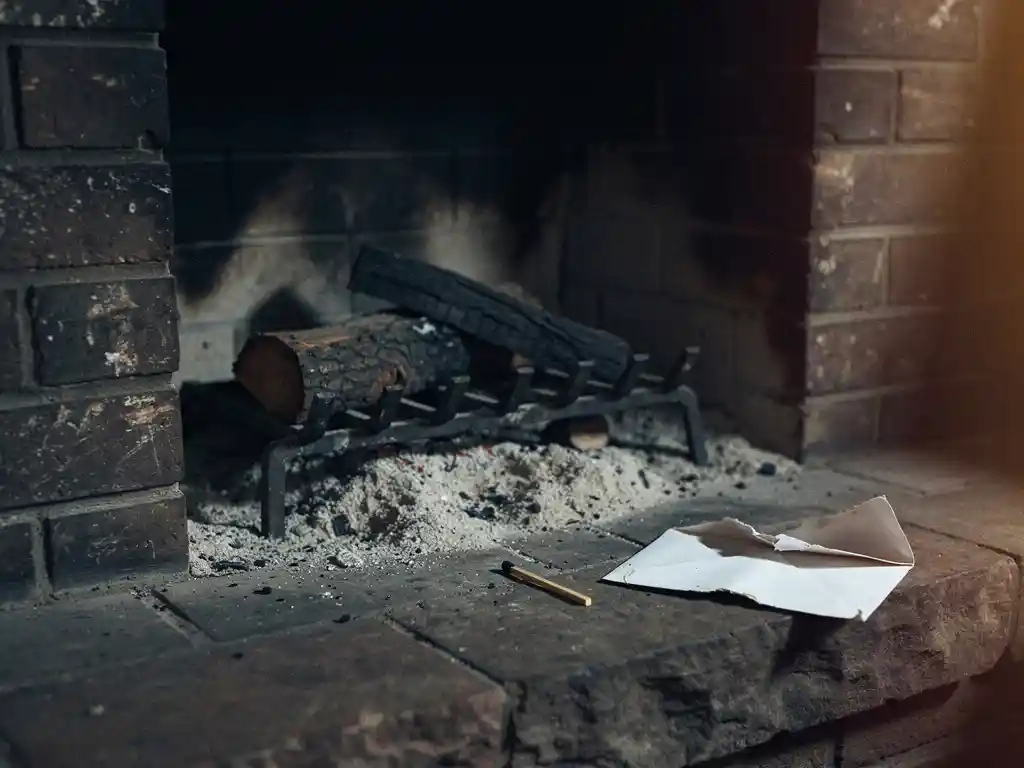 Cold fireplace filled with ash and unlit logs, an unlit match and crumpled envelope resting on a shadowed stone hearth.
