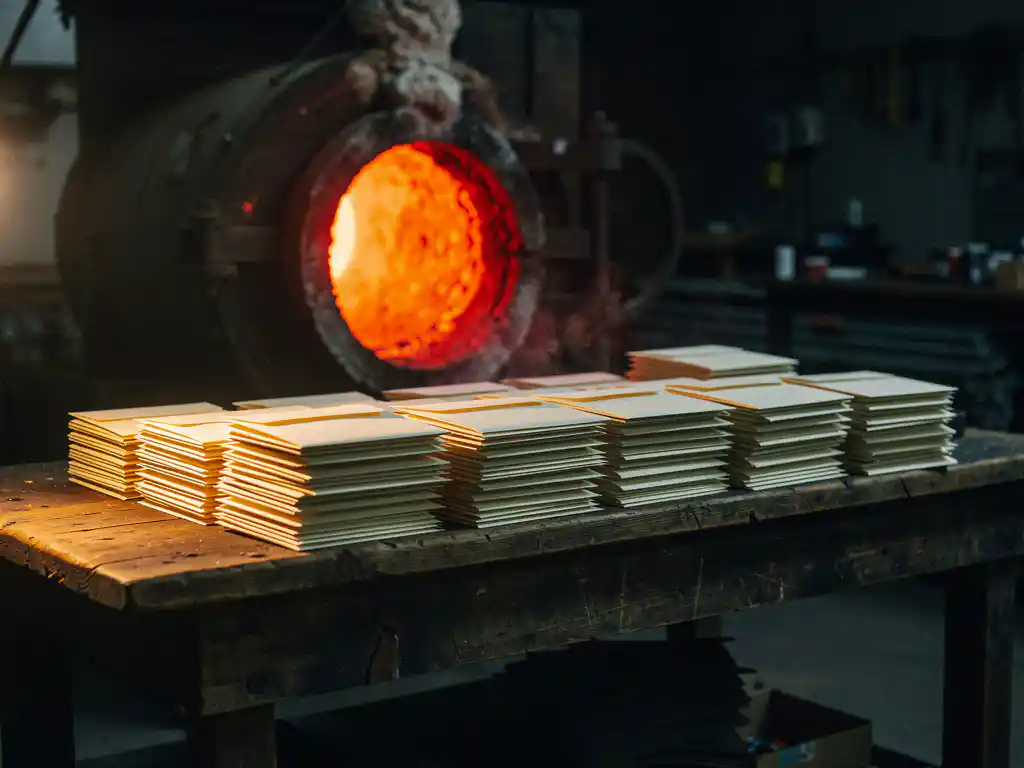 Iron furnace glowing orange-red surrounded by stacked envelopes on a weathered wooden workbench, heat warming paper edges in amber light.