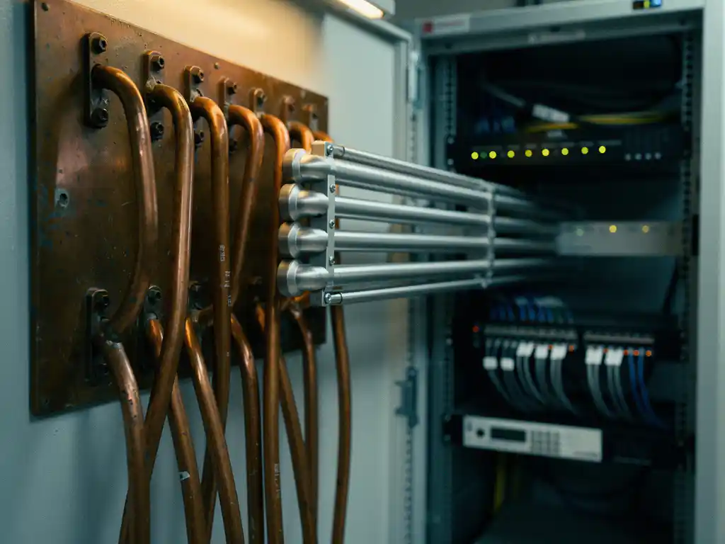Aged copper mail tubes disconnecting from a wall panel as modern silver conduits replace them, with a server rack visible in the background.