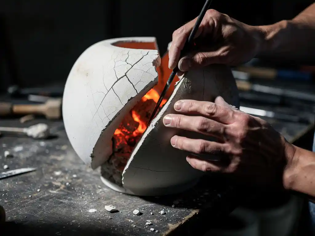 Cracked ceramic furnace being repaired with mortar, glowing embers visible inside fracture, on weathered industrial workbench under dramatic side lighting.