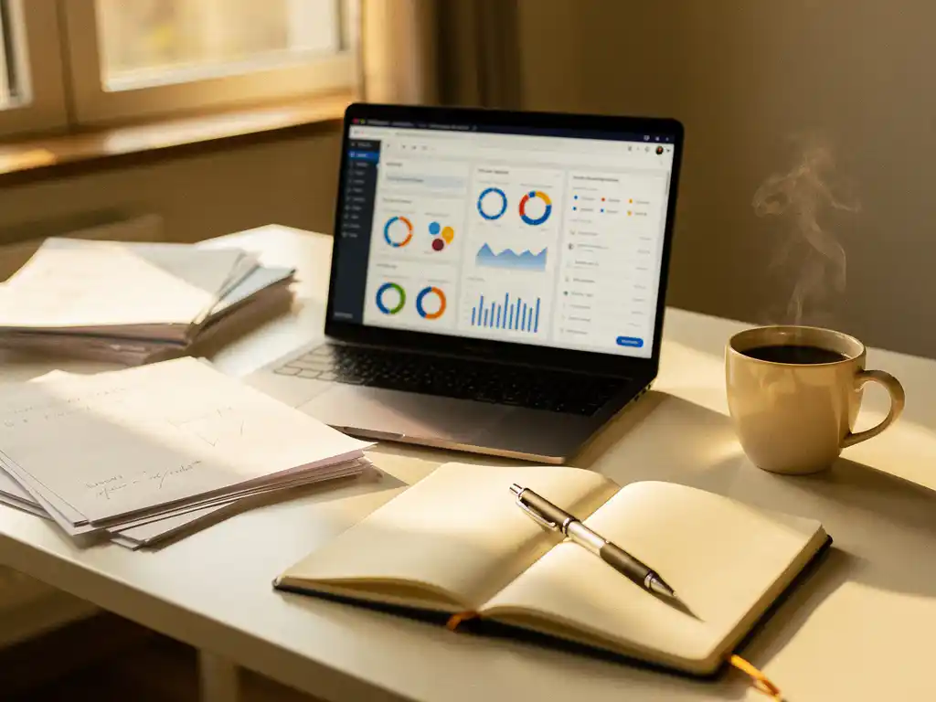 Laptop showing email campaign dashboard on a white desk with paper drafts, notebook, and steaming coffee in warm afternoon light.