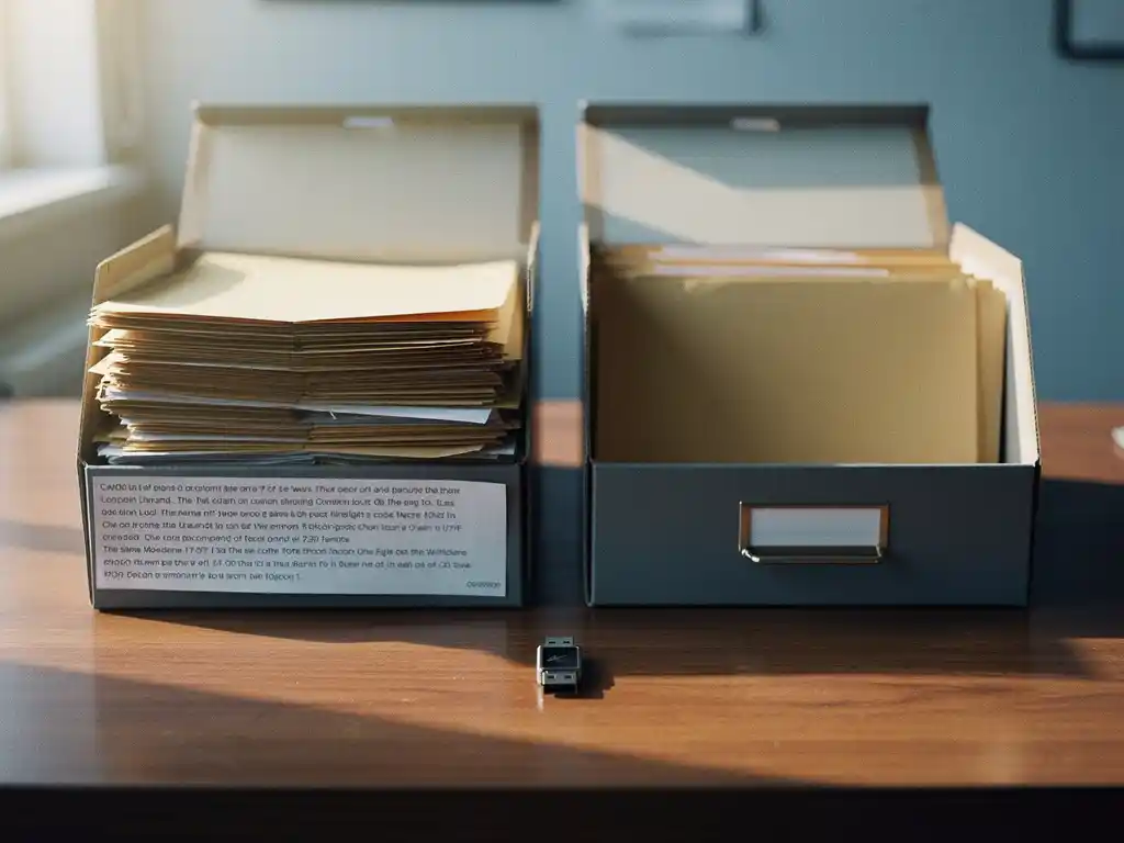Wooden desk with two filing boxes mid-transfer, one packed with manila folders and printed emails, the other nearly empty, USB drive resting between them.