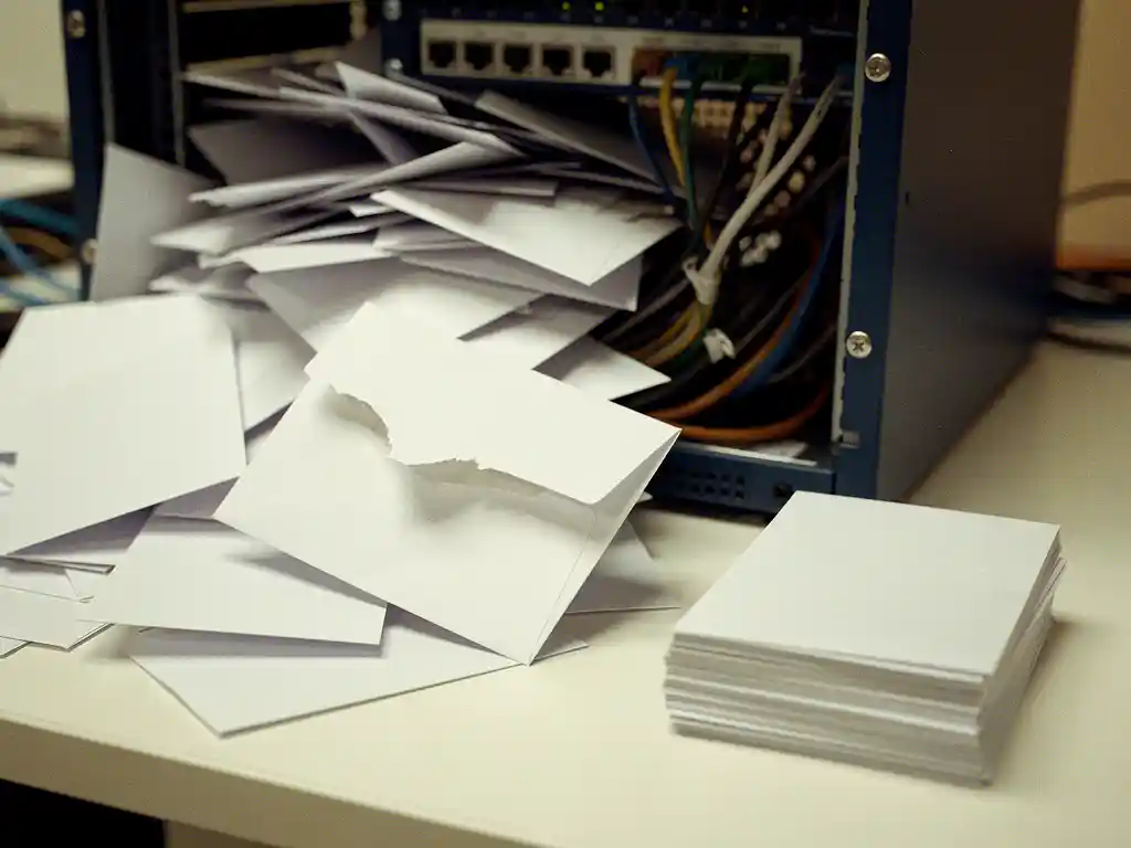 Tangled email envelopes overflowing from a server rack onto a white desk, one torn and misrouted, beside a neat stack of pristine envelopes.
