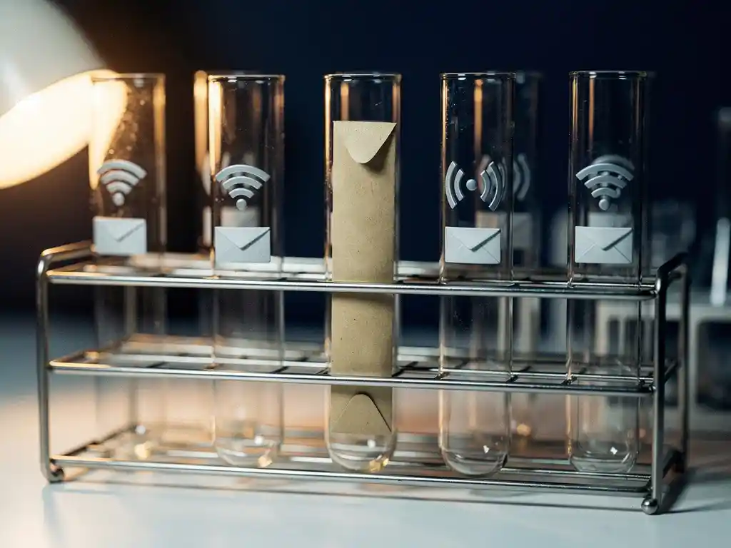 Sealed envelope inside a glass test tube on a lab rack, surrounded by tubes with inbox and signal wave symbols, navy and amber tones.