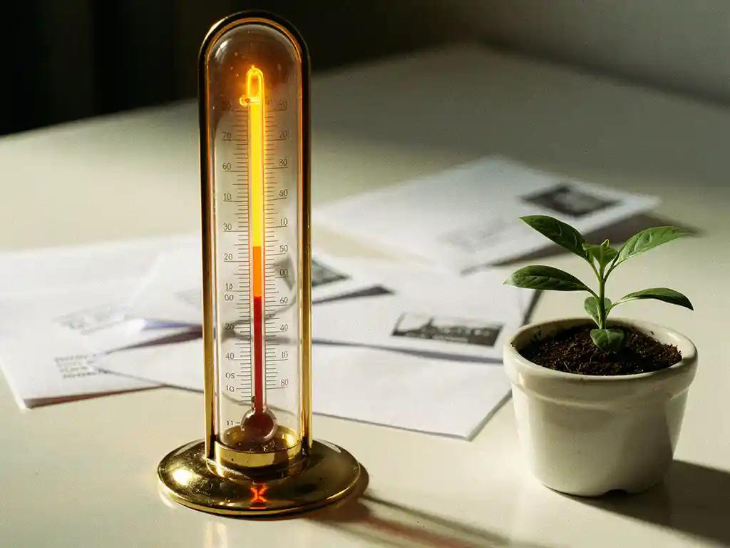 Vintage thermometer with rising mercury beside a green seedling and scattered email envelopes on a white desk, symbolizing email list growth.