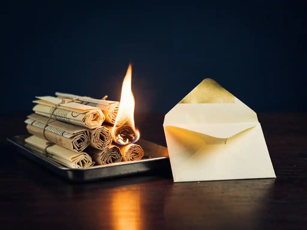 Miniature campfire built from paper envelopes burning on a dark wooden desk, warm amber flames illuminating an opened envelope against a navy background.