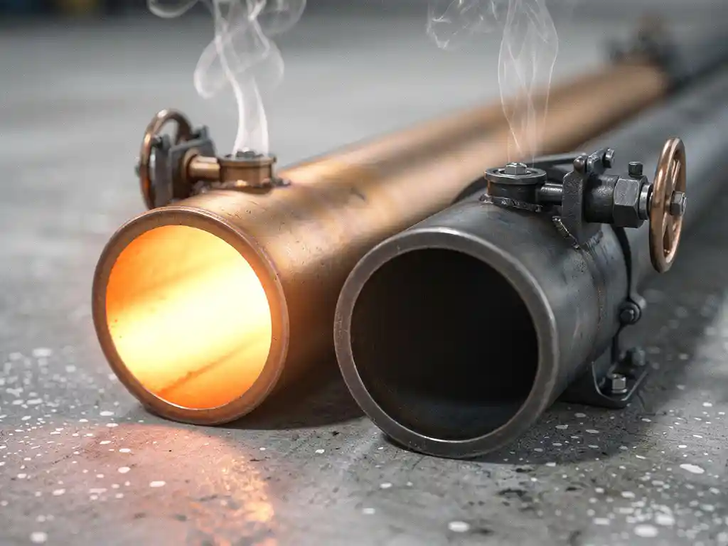 Two industrial metal pipes on concrete, one glowing amber with heat and rising steam, the other cool and dormant, with attached valves.