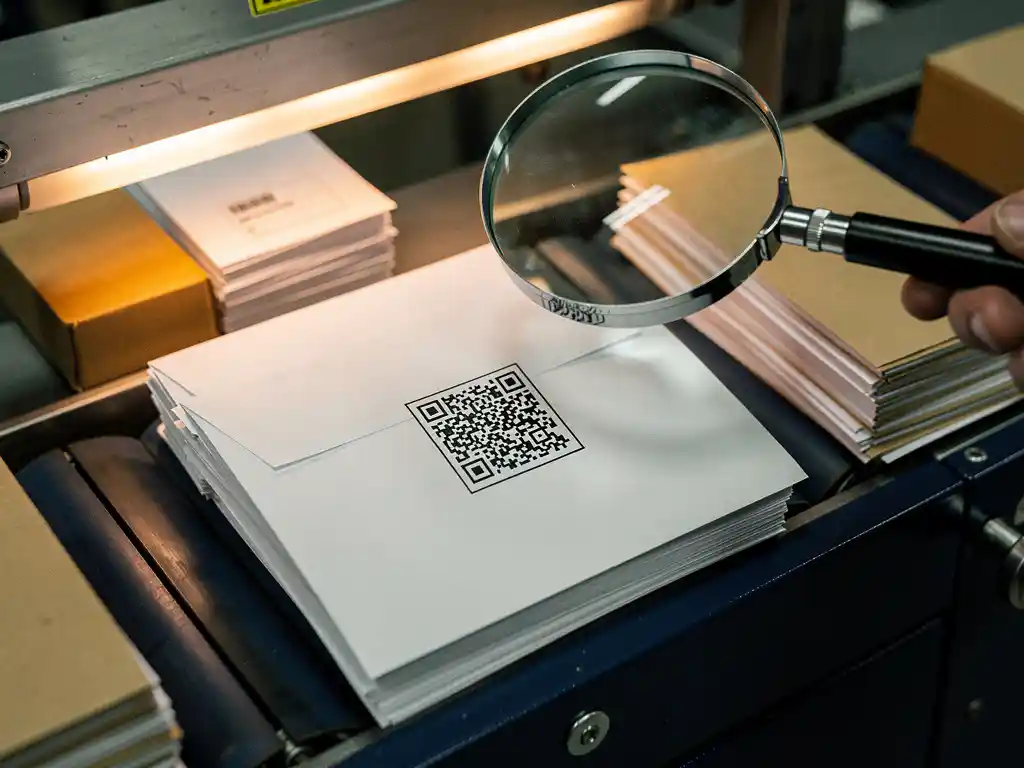 New IP address tag on a white envelope on a postal sorting conveyor, magnifying glass inspecting stacked sealed envelopes nearby.