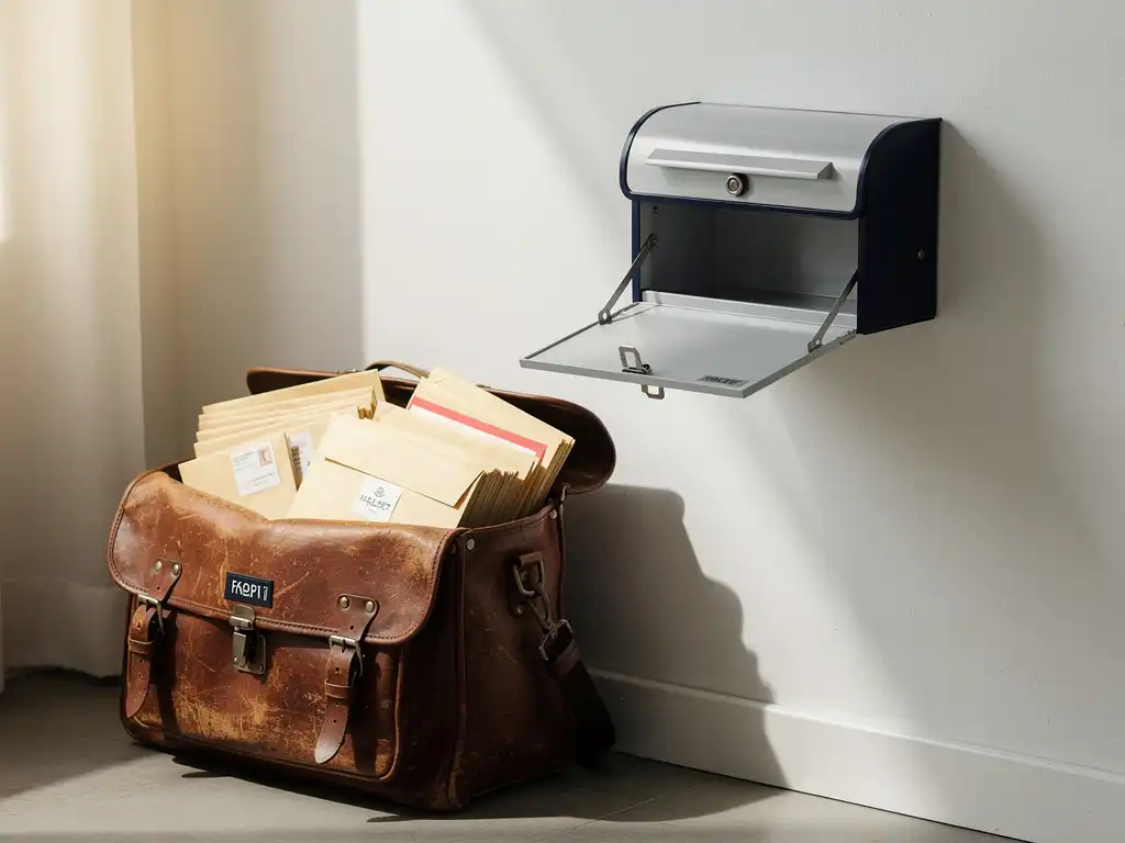 Worn leather postal bag overflowing with sealed envelopes beside an empty new mailbox on a white wall, symbolizing domain transition.
