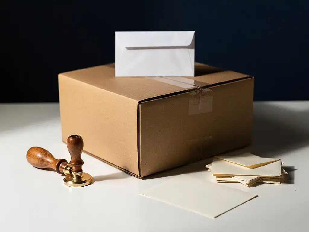 Sealed cardboard moving box on a white desk with an unopened envelope on top, surrounded by wax seal stamp and paper letters.