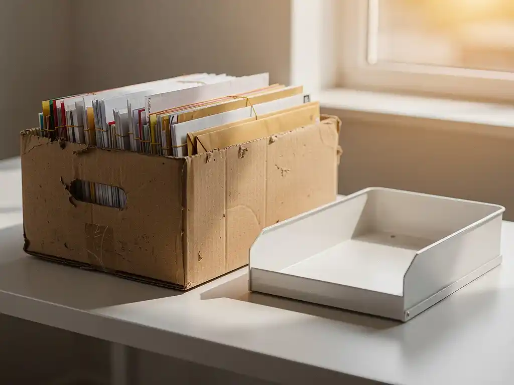 Weathered cardboard moving box filled with bundled mail beside an empty inbox tray on a modern desk, bathed in warm golden light.