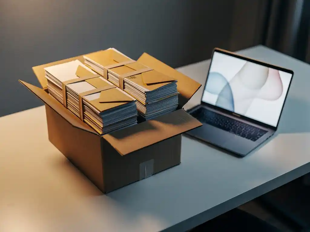 Cardboard moving box packed with bundled envelopes and sorted mail on a modern desk beside an open laptop.