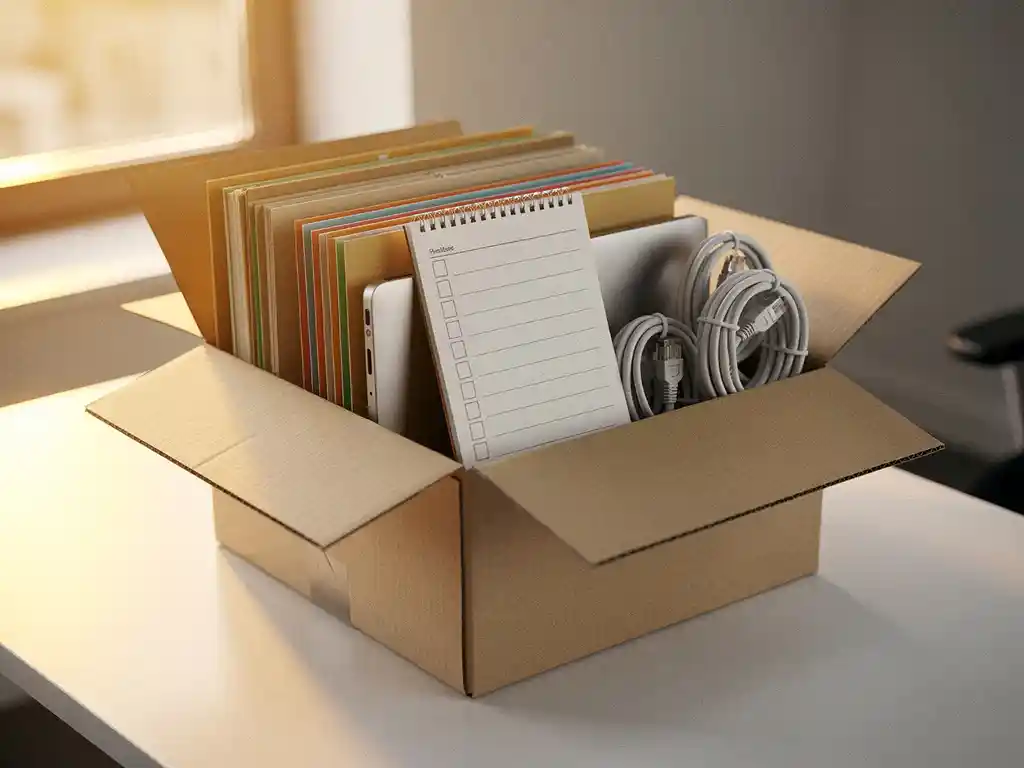 Open moving box on an office desk packed with folders, a laptop, ethernet cables, and a checklist notepad in warm golden light.
