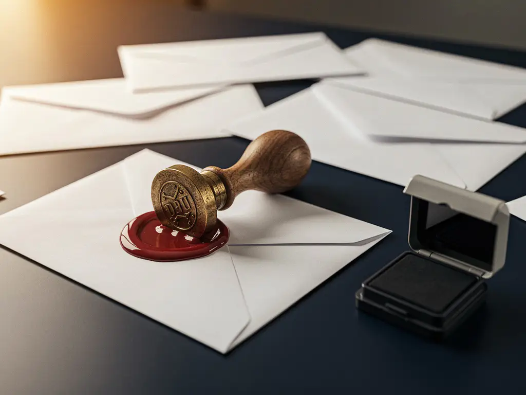 Weathered bronze postal seal pressed into red wax on a white envelope, with scattered envelopes and ink pad on a modern desk.