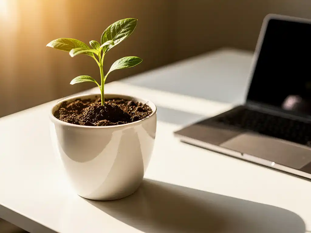 Green seedling sprouting from dark soil in a white ceramic pot on a modern desk beside an open laptop, bathed in warm morning light.