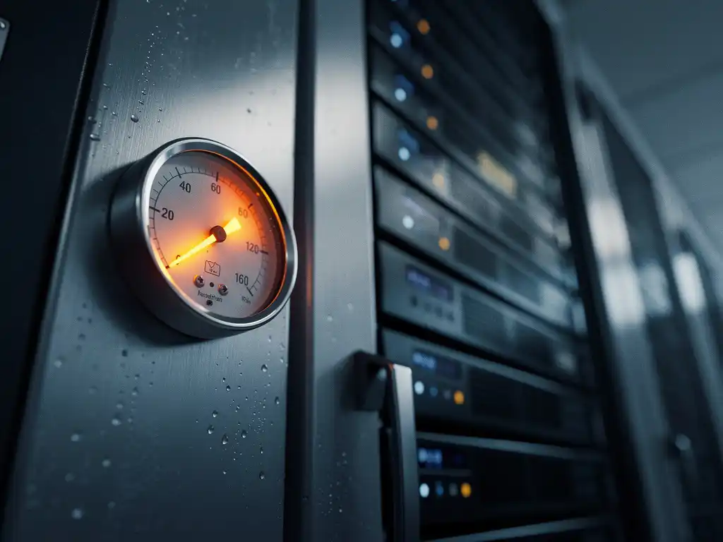 Temperature gauge with amber needle rising beside a server rack in a data center, highlighting heat management challenges.