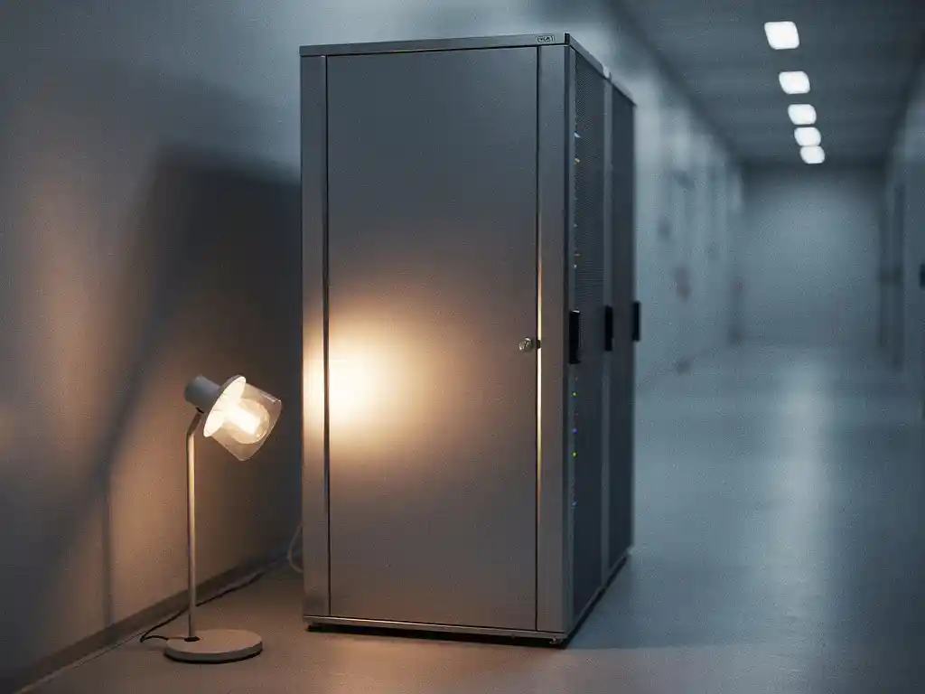 Small desk lamp casting warm amber glow across brushed steel server rack in a modern data center corridor.