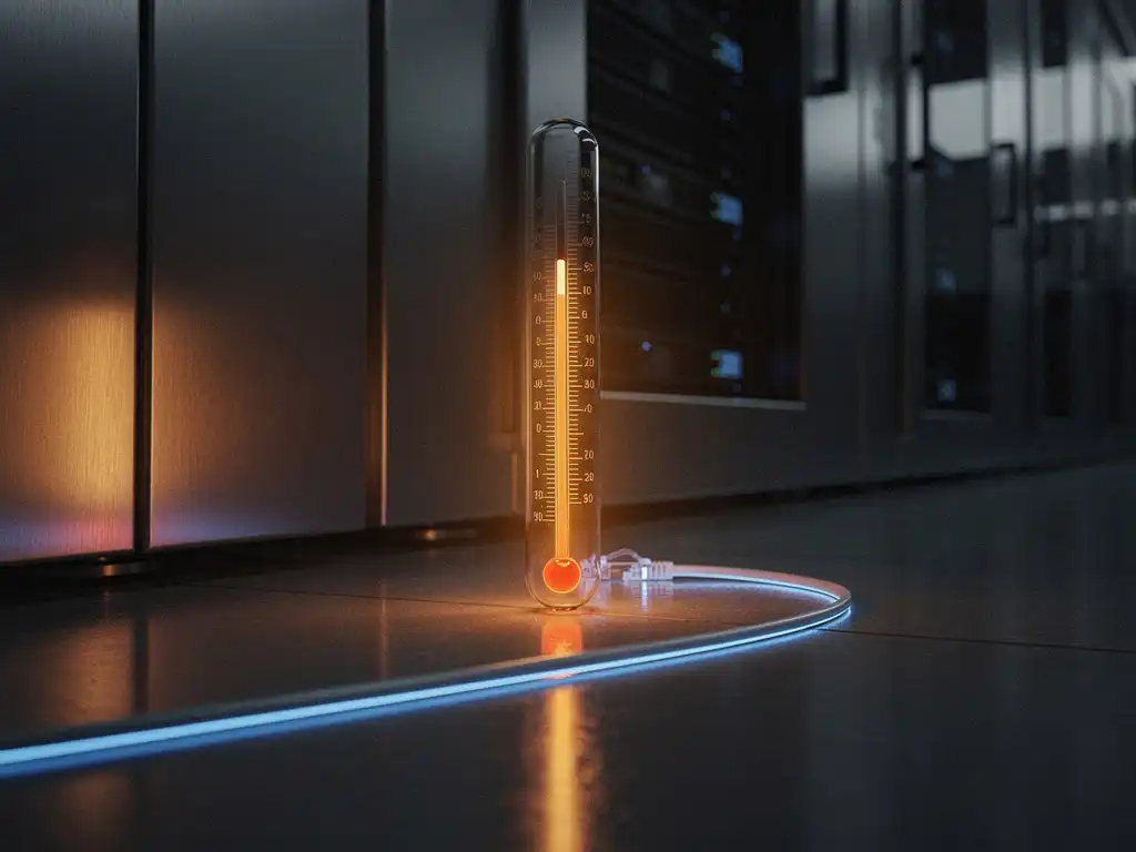 Glowing thermometer rising in a dimly lit server room, amber heat radiating upward against cool steel racks and an illuminated ethernet cable.