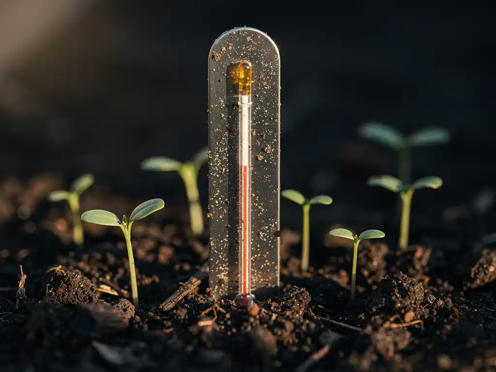 Metal thermometer in dark soil showing rising temperature, surrounded by small seedlings emerging in warm amber light.