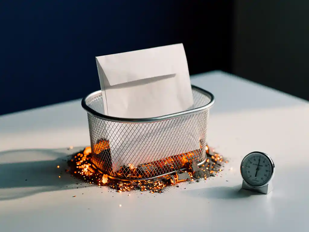 Lone email envelope inside a metal mesh spam filter basket with glowing amber embers and a thermometer on a white desk.