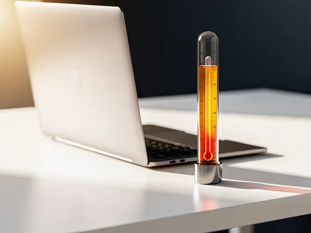 Thermometer with rising amber gradient display on a modern white desk beside a sleek laptop in soft morning light.