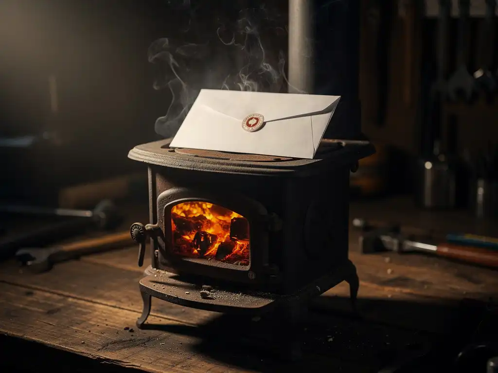 Cast-iron furnace glowing with amber embers, sealed envelope resting on top warming slowly, wisps of steam rising in a dim workspace.