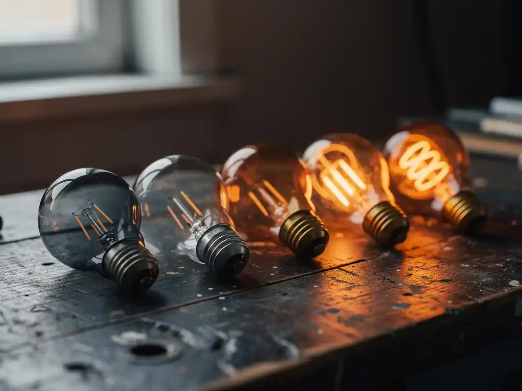 Row of vintage incandescent bulbs on dark wood workbench, transitioning from cool grey to warm glowing amber light.