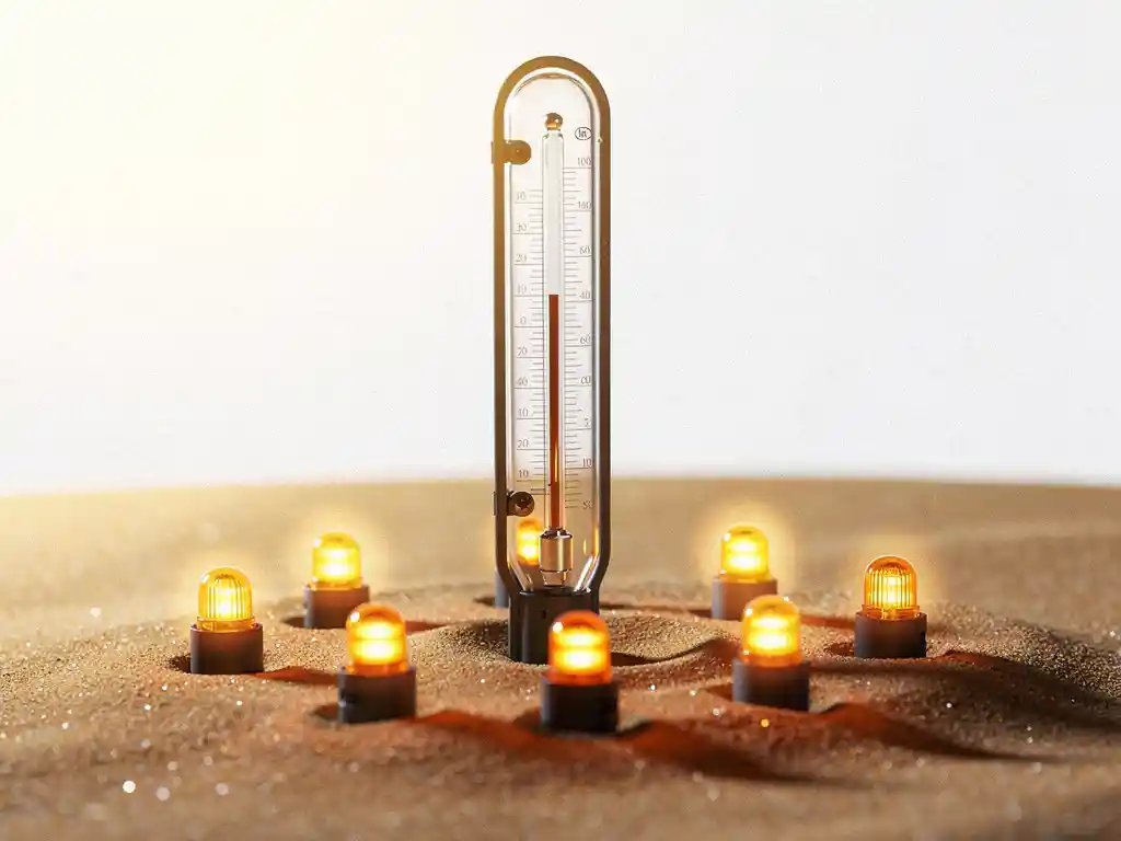 Vintage thermometer upright in warm sand with rising mercury, surrounded by glowing amber indicators on a white background.