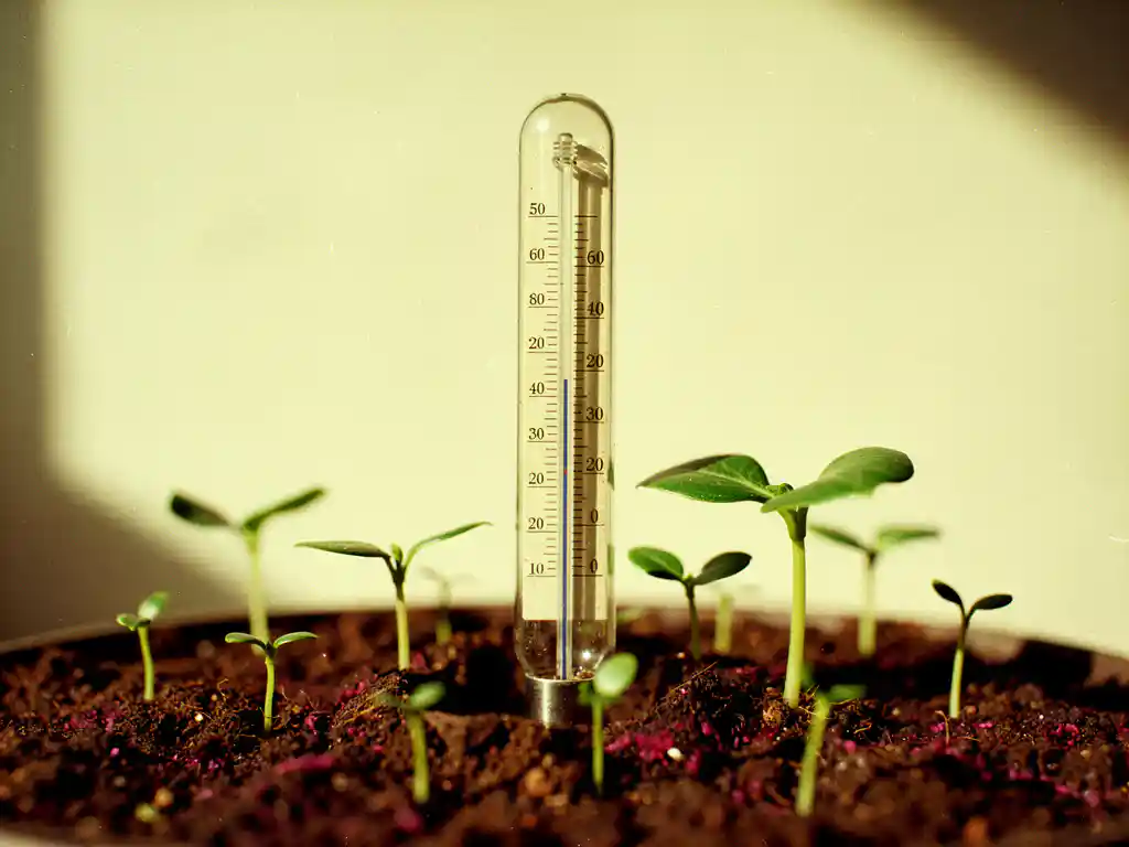 Vintage thermometer upright in rich soil surrounded by seedlings at various growth stages, symbolizing slow steady progress.