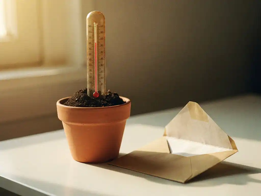 Vintage thermometer in a terracotta pot beside an opened envelope on a white desk, bathed in warm golden morning light.