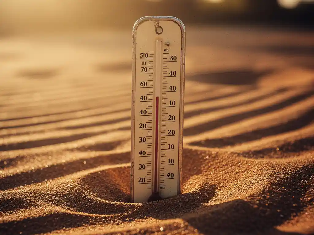 Vintage analog thermometer upright in warm sand with rising mercury, bathed in golden morning light casting long amber shadows.