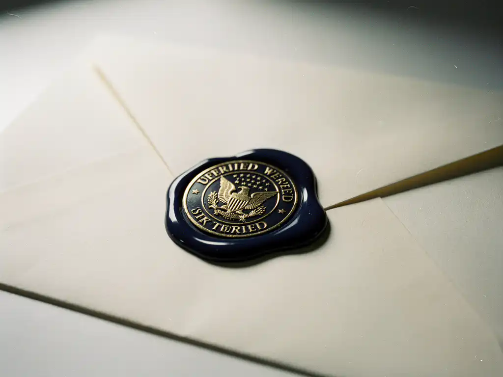 Navy wax seal with embossed brand stamp beside an open envelope on a white desk, lit to highlight gold and blue tones.