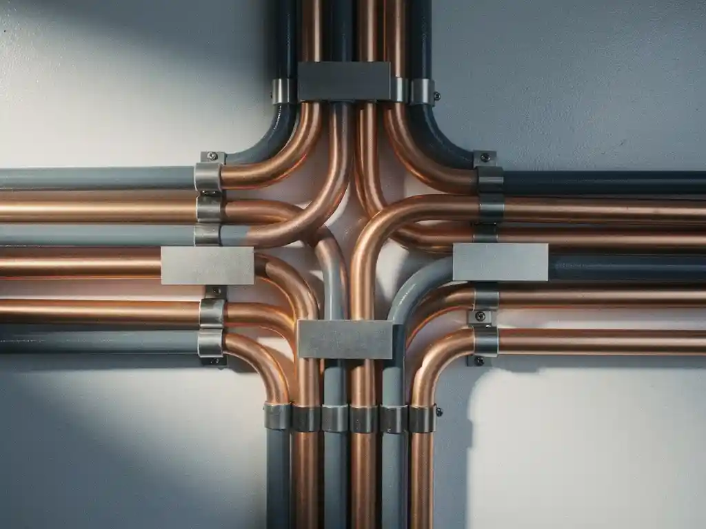 Tangled postal pipes and labeled metal tubes merging into a single copper main line on a matte white server-room wall.