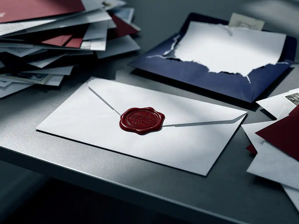 Sealed envelope stamped REJECTED in red wax on a desk, surrounded by undelivered mail and a torn-open envelope with blank contents.