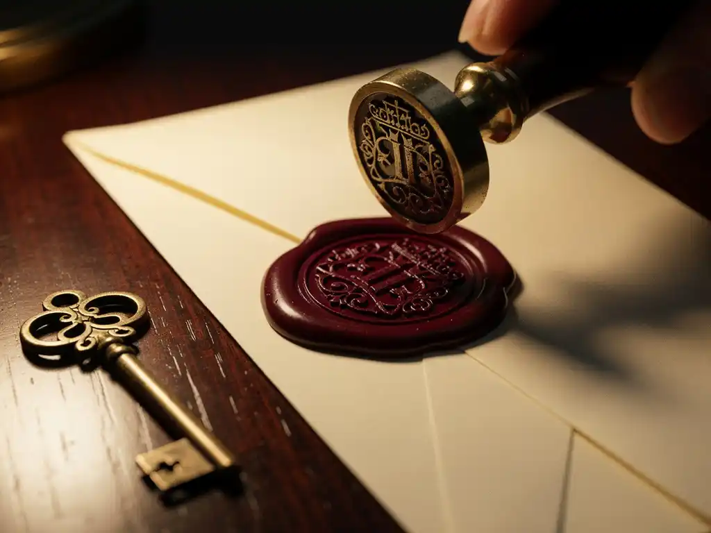 Wax seal stamp pressing burgundy wax onto a cream envelope beside a vintage brass key on a mahogany desk.